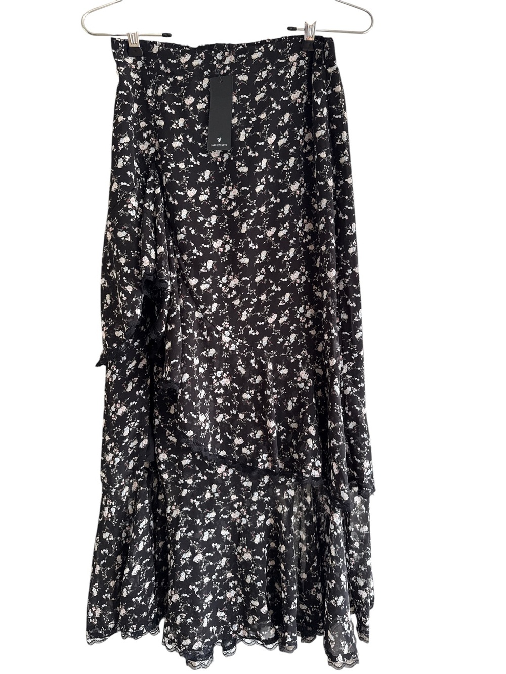 Lulus Black Floral Midi skirt with Ruffle Hem